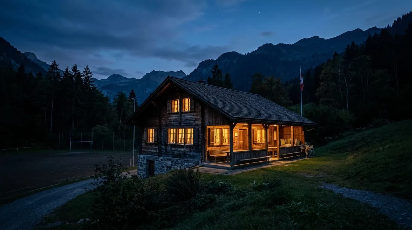 Vereinsheim bei Abenddämmerung