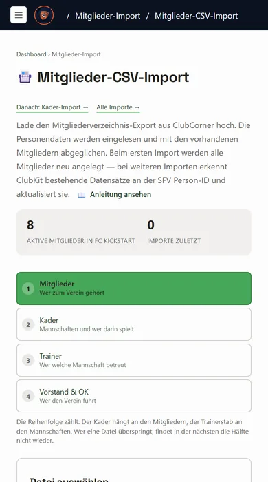 Mitglieder-Import mit vier Schritten: Mitglieder, Kader, Trainer, Vorstand und OK, jeweils aus einem ClubCorner-Export