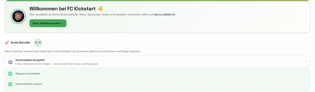 Übersicht im Verwaltungsbereich mit der Checkliste «Erste Schritte»: Wappen, Farben, Vorstand, News, Mitgliederimport