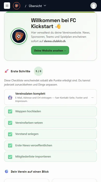 Übersicht im Verwaltungsbereich mit der Checkliste «Erste Schritte»: Wappen, Farben, Vorstand, News, Mitgliederimport