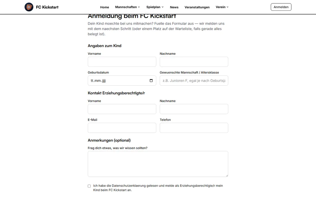 Anmeldeformular für Junioren mit Angaben zu Kind und Erziehungsberechtigten — Familien-Konto-Logik direkt im Verein-System