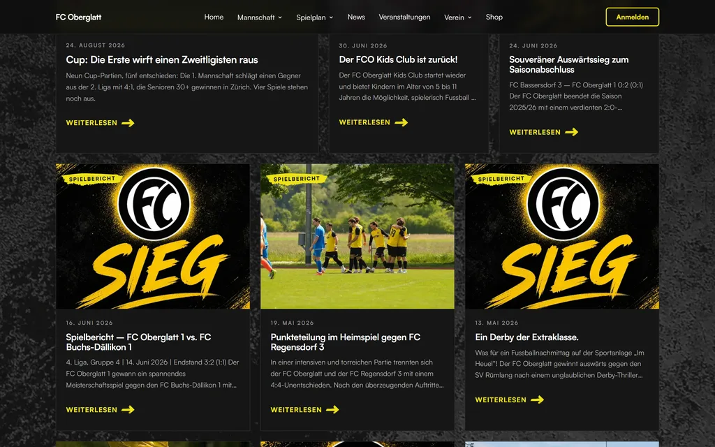 News-Übersicht des FC Oberglatt mit Spielberichten, Bildern und Sieg-Grafiken