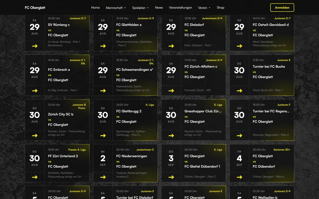 Spielplan des FC Oberglatt mit rund zwanzig Partien an einem Wochenende, von den Junioren bis zur ersten Mannschaft