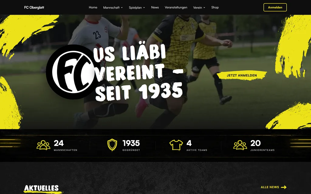Startseite des FC Oberglatt mit Vereinsslogan, Wappen und den Kennzahlen des Vereins