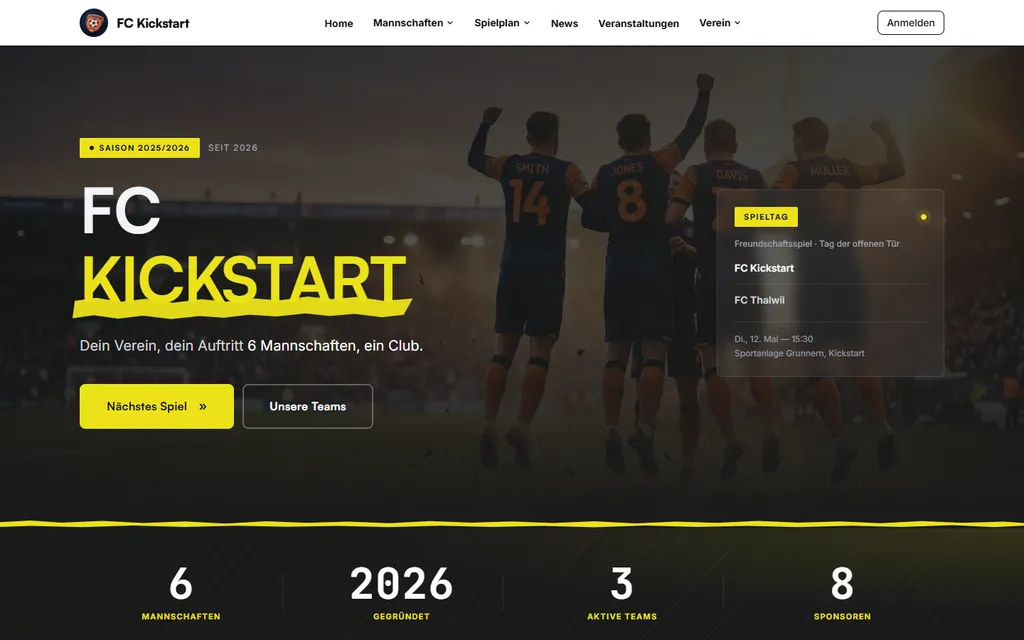 ClubKit Demo — Homepage einer Vereinswebsite mit Mannschaftsfoto, Spieltag-Card und Statistiken