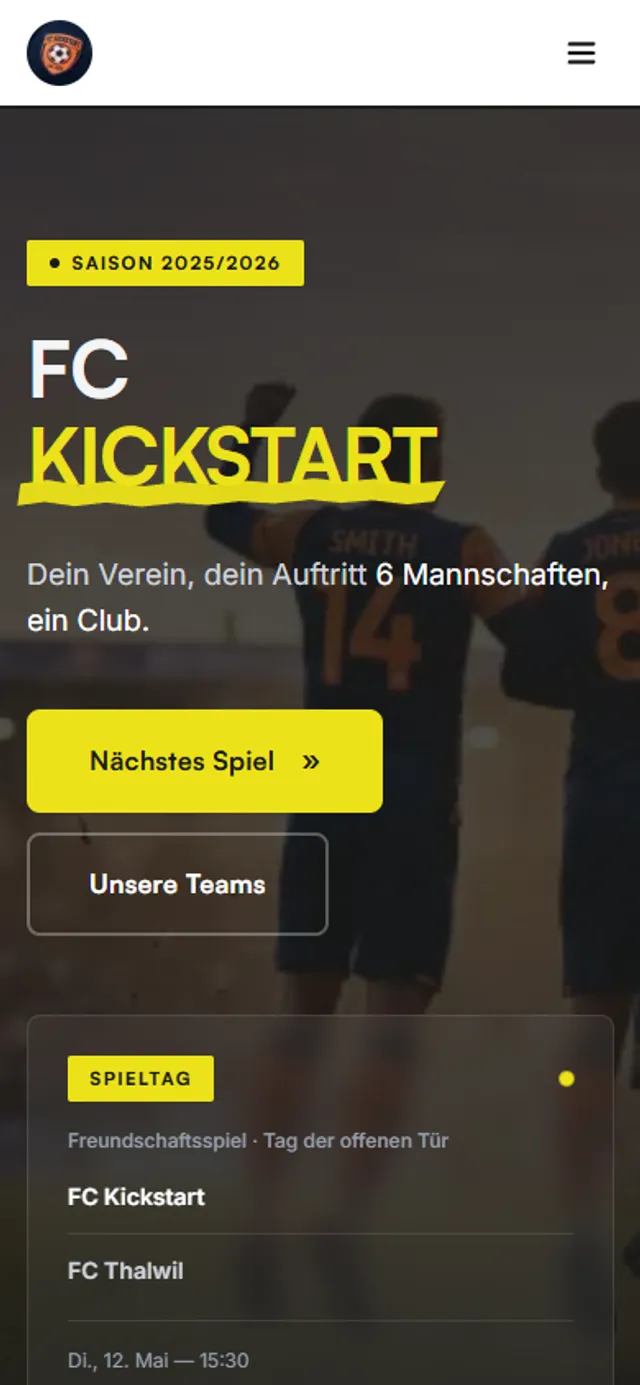 Vereinswebsite auf dem Handy mit dem nächsten Spiel des Demo-Vereins
